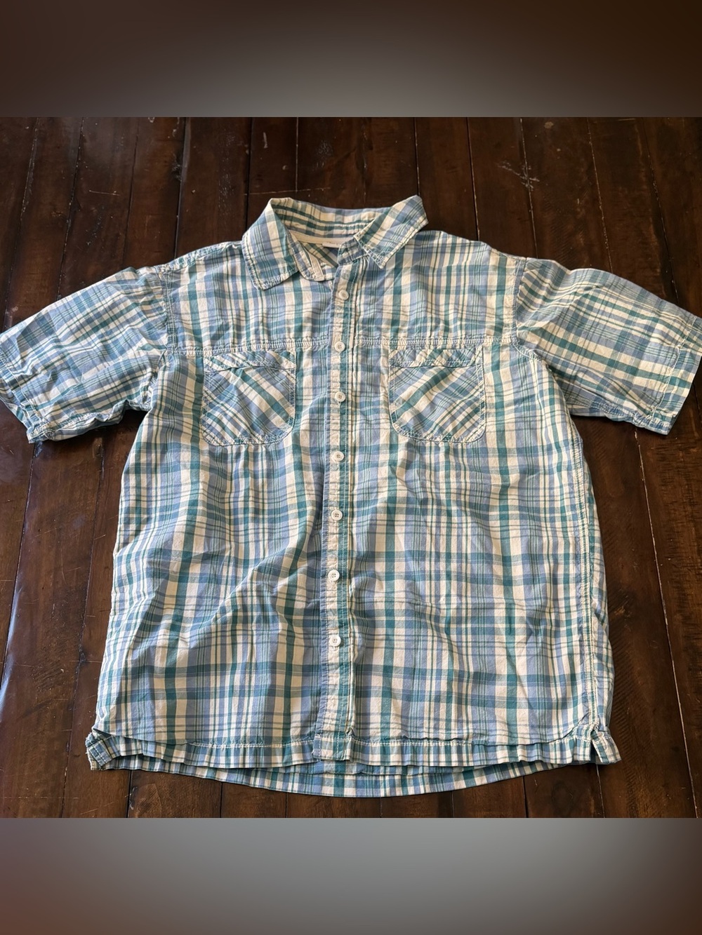 Alpine Design Men's Short Sleeve Button-Up Shirt – Size L – Blue, Teal & Cream